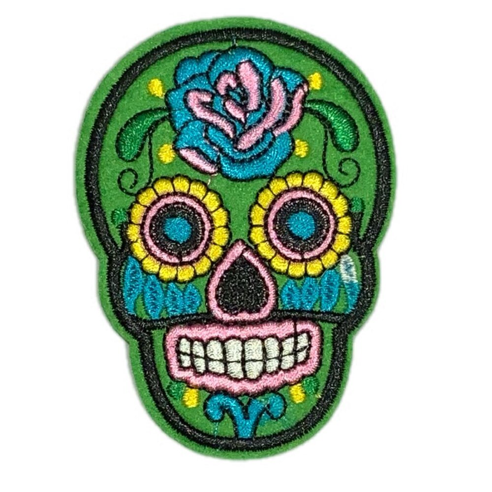 Green Rose Sugar Skull Iron On Patch Dia de los Muertos Embroidered